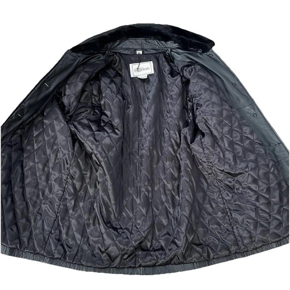 Modern Essentials Leather Coat Womens L Black Fur Collar Button Front Baddie - Picture 5 of 6